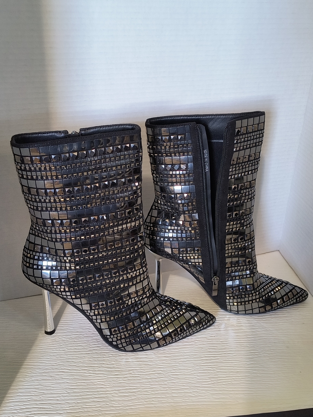 Black Mirrored Mosaic Ankle Booties with Silver Stiletto Heel